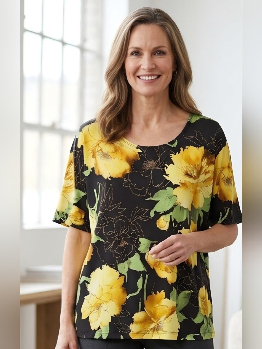 Susan Graver Vintage Floral Blouse Yellow Black Whimsigoth Top Size 2X